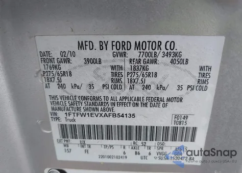 2010 Ford F-150 из США, поврежденный, VIN 1FTFW1EVXAFB54135